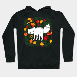 Folk Art White Fox with Bright Flowers and Leaves Hoodie